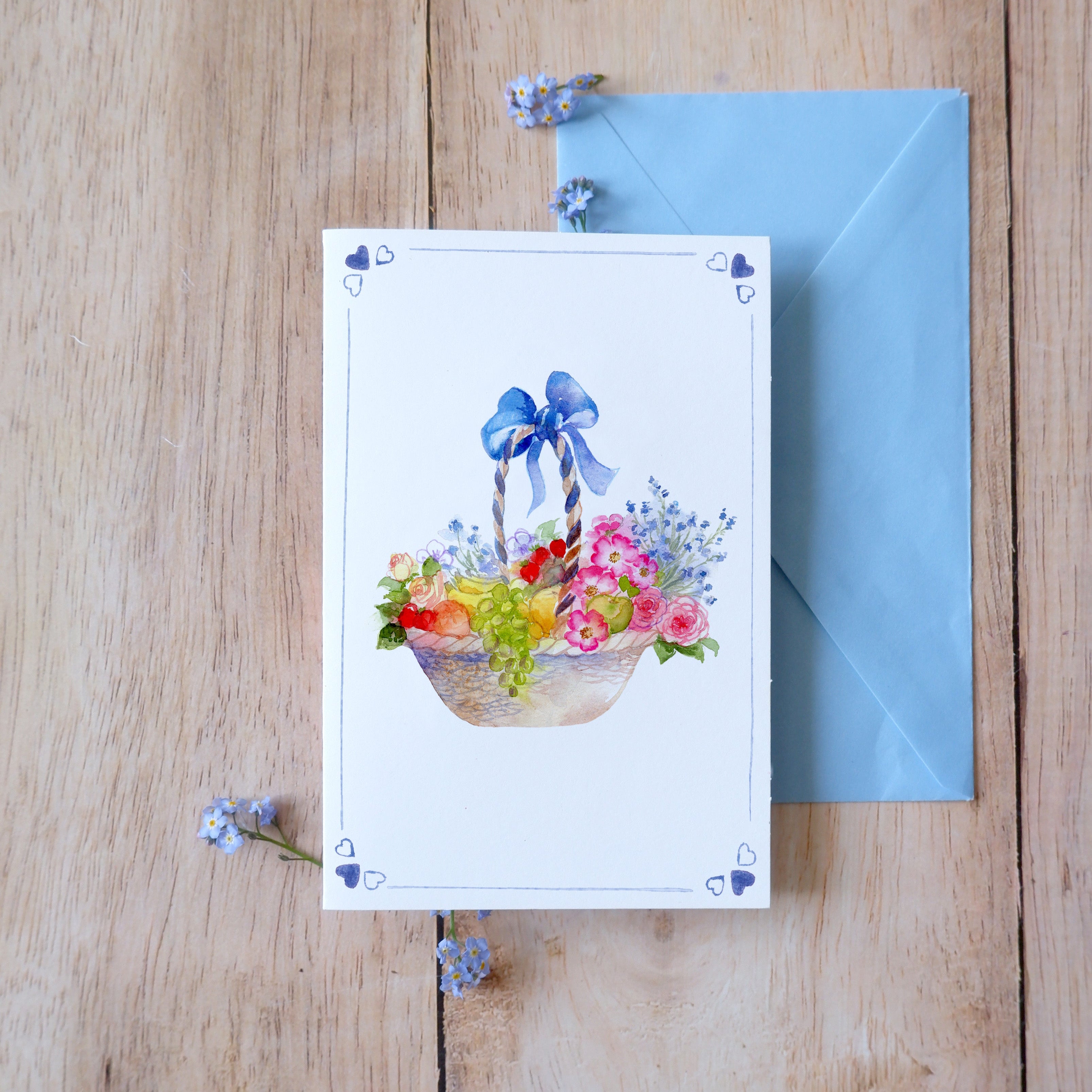 Carte double "Panier fleuri" + enveloppe bleue