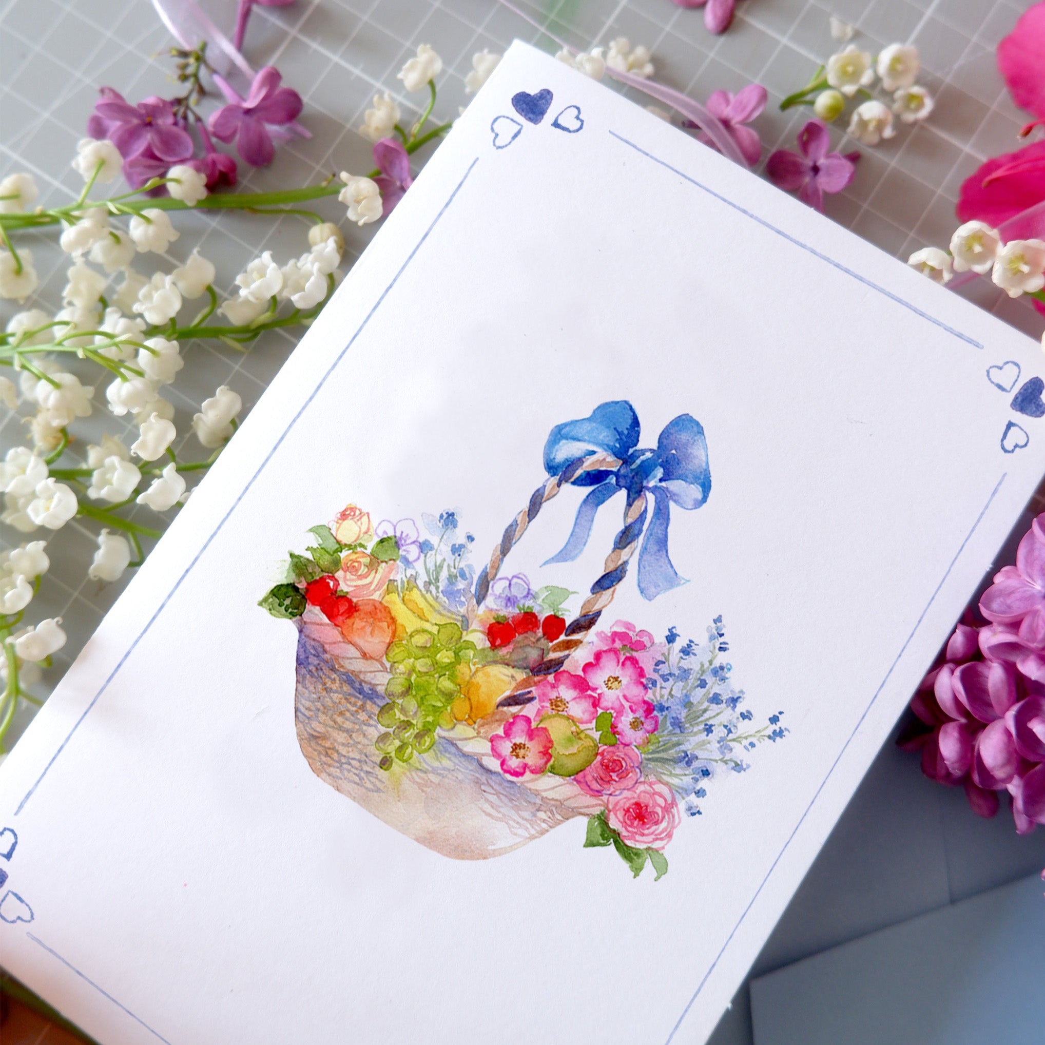 Carte double "Panier fleuri" + enveloppe bleue