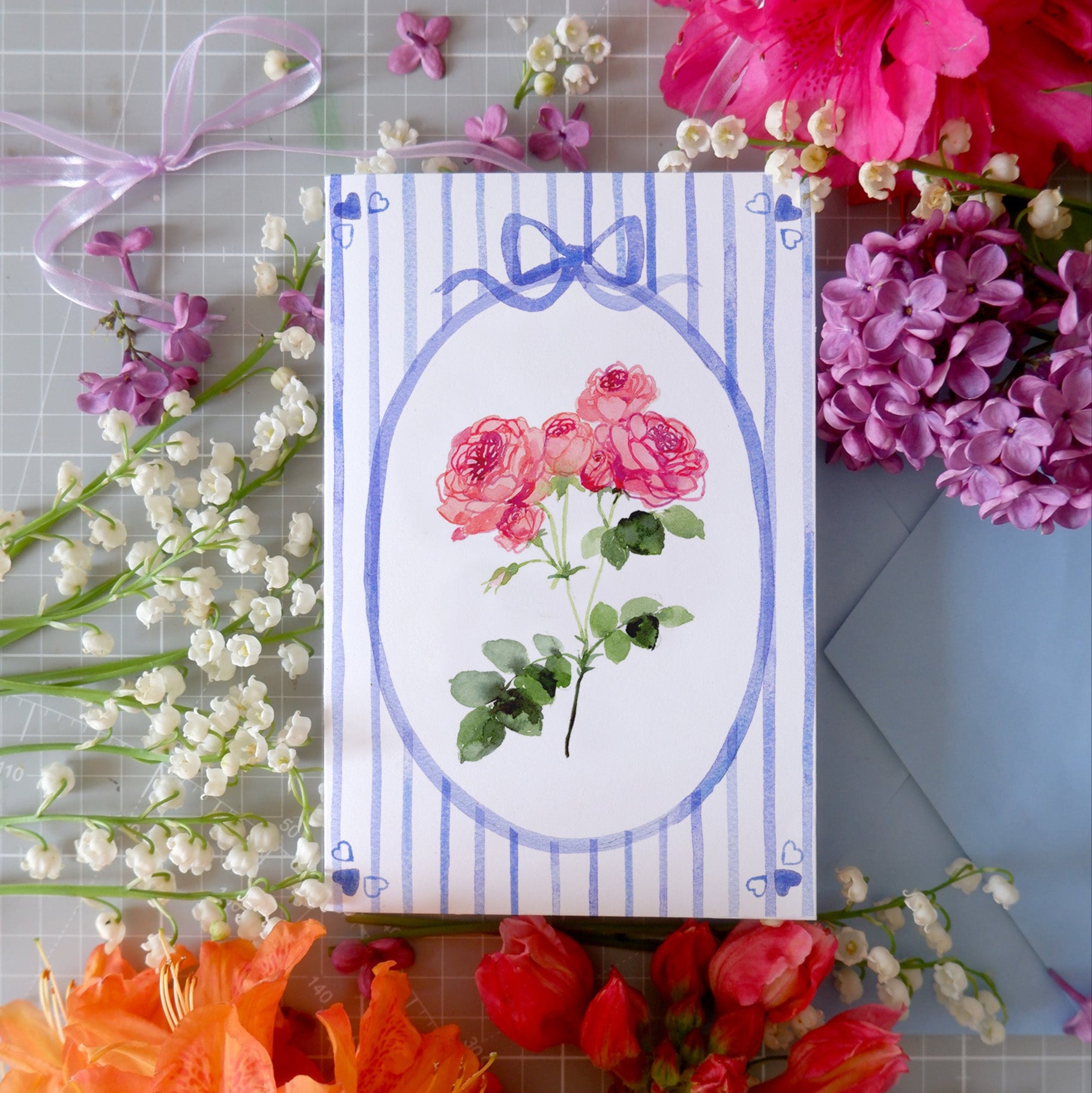 Carte double "Roses" + enveloppe bleue