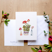 CARTE (+enveloppe blanche) - 3 petits vases Géraniums