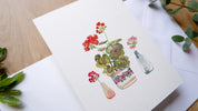 CARTE (+enveloppe blanche) - 3 petits vases Géraniums
