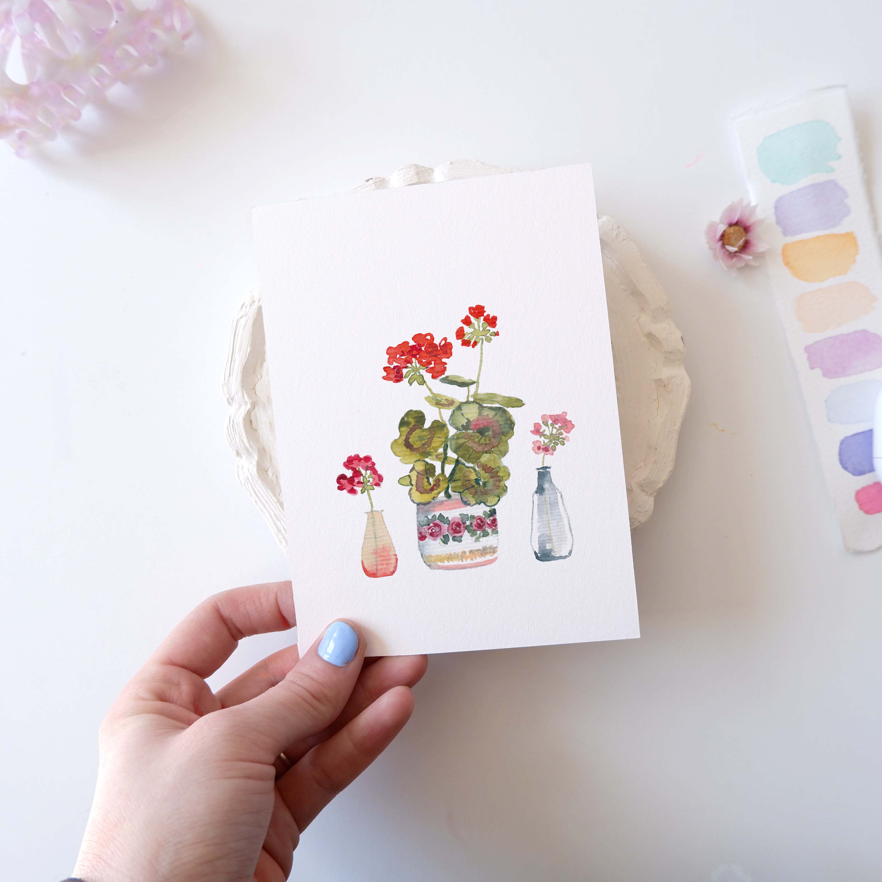 CARTE (+enveloppe blanche) - 3 petits vases Géraniums