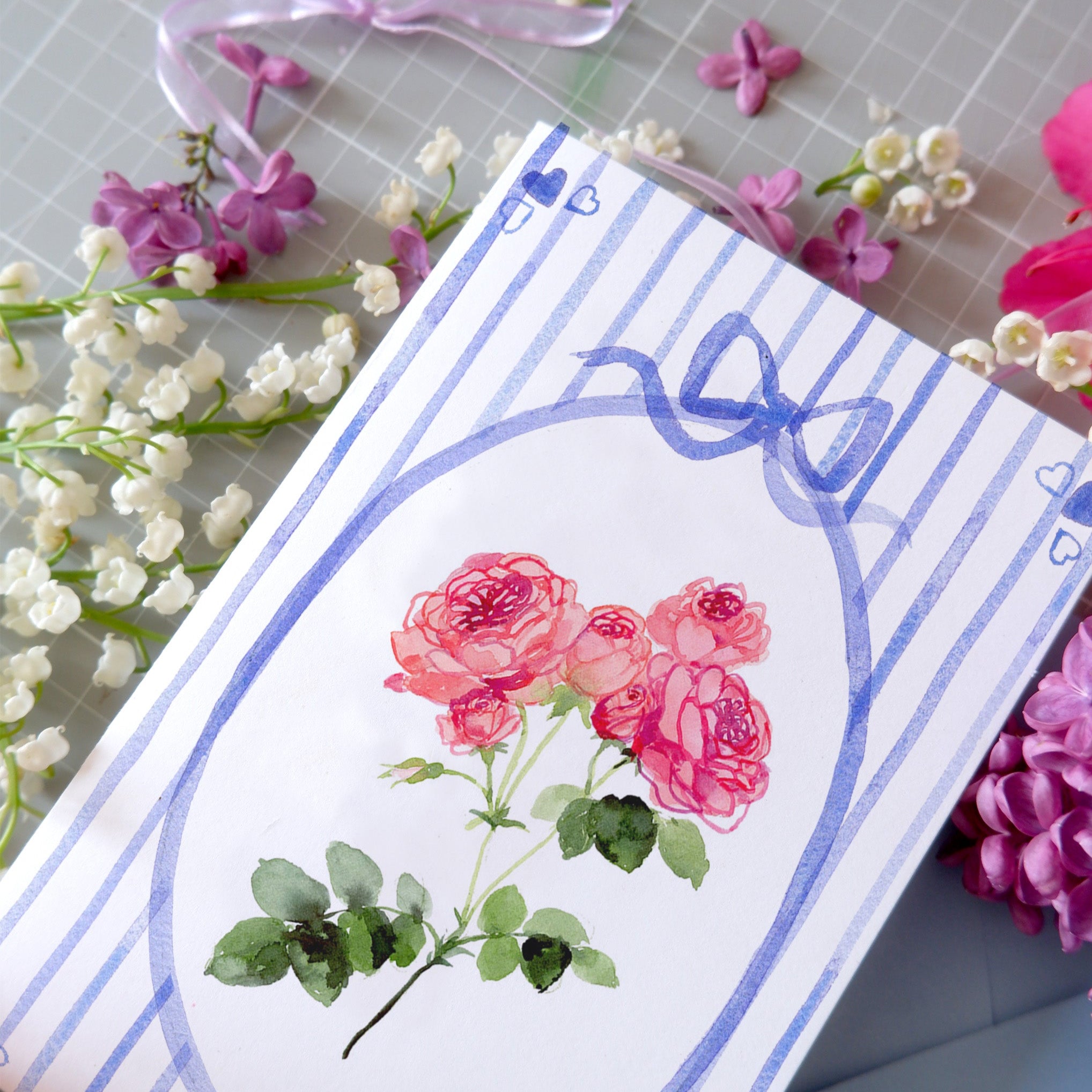 Carte double "Roses" + enveloppe bleue