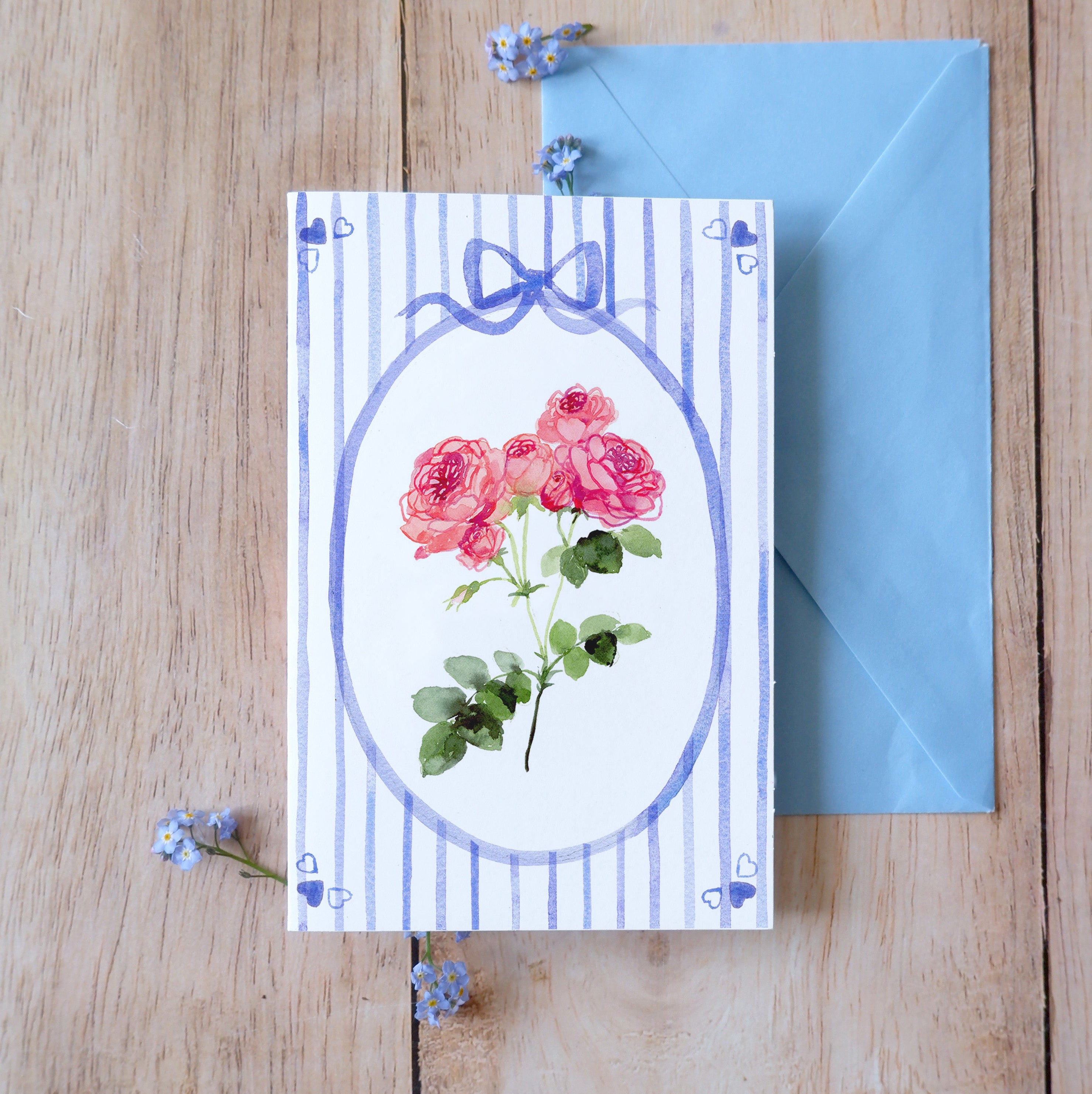 Carte double "Roses anglaises" + enveloppe bleue
