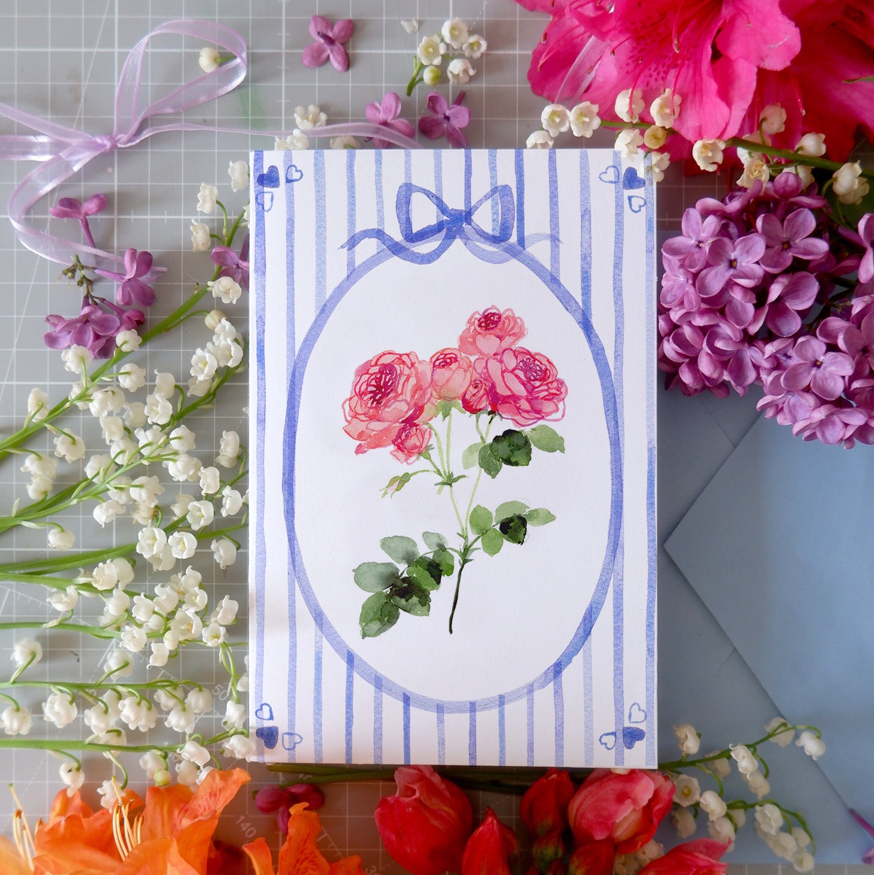 Carte double "Roses anglaises" + enveloppe bleue