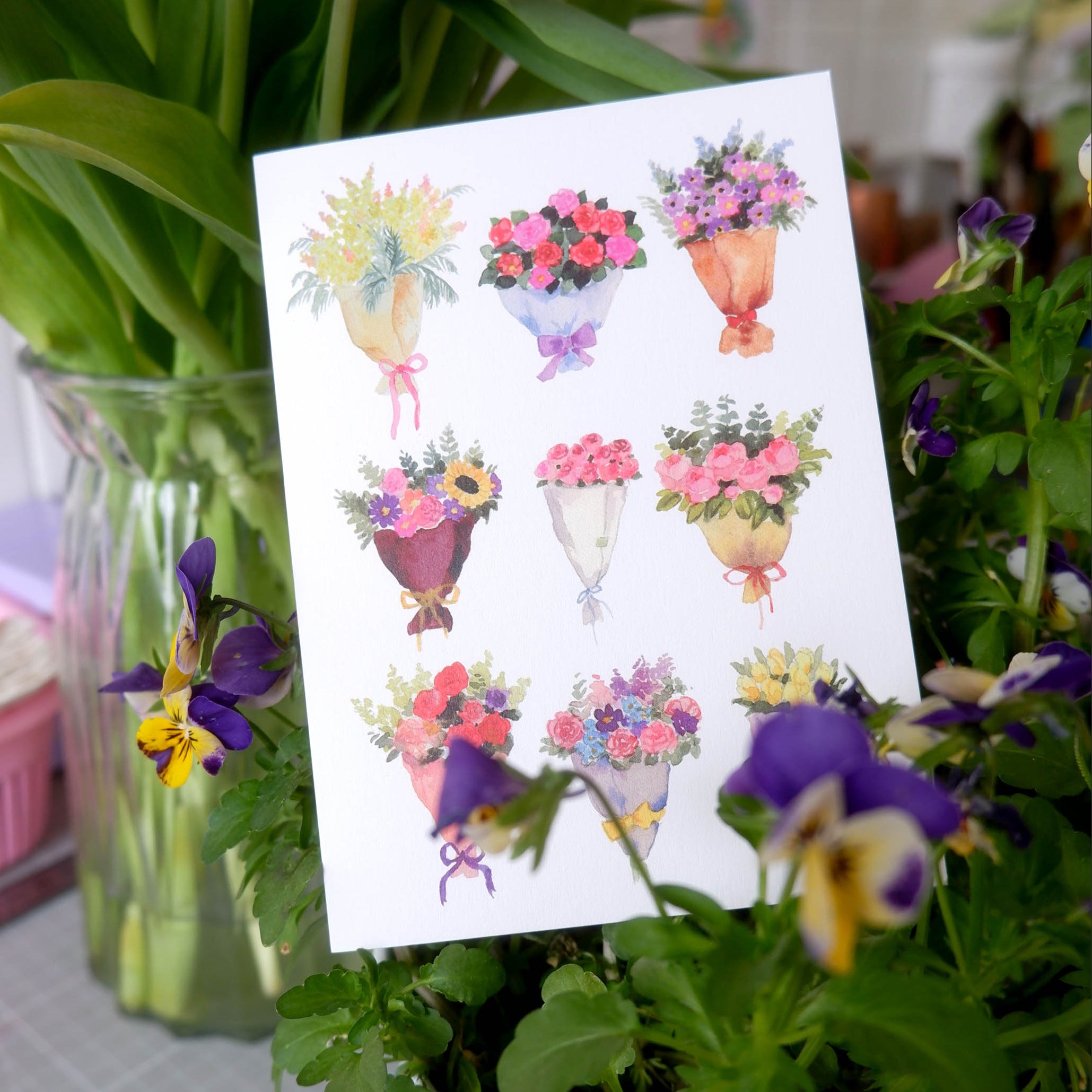 Carte double "Bouquets" + enveloppe jaune pale