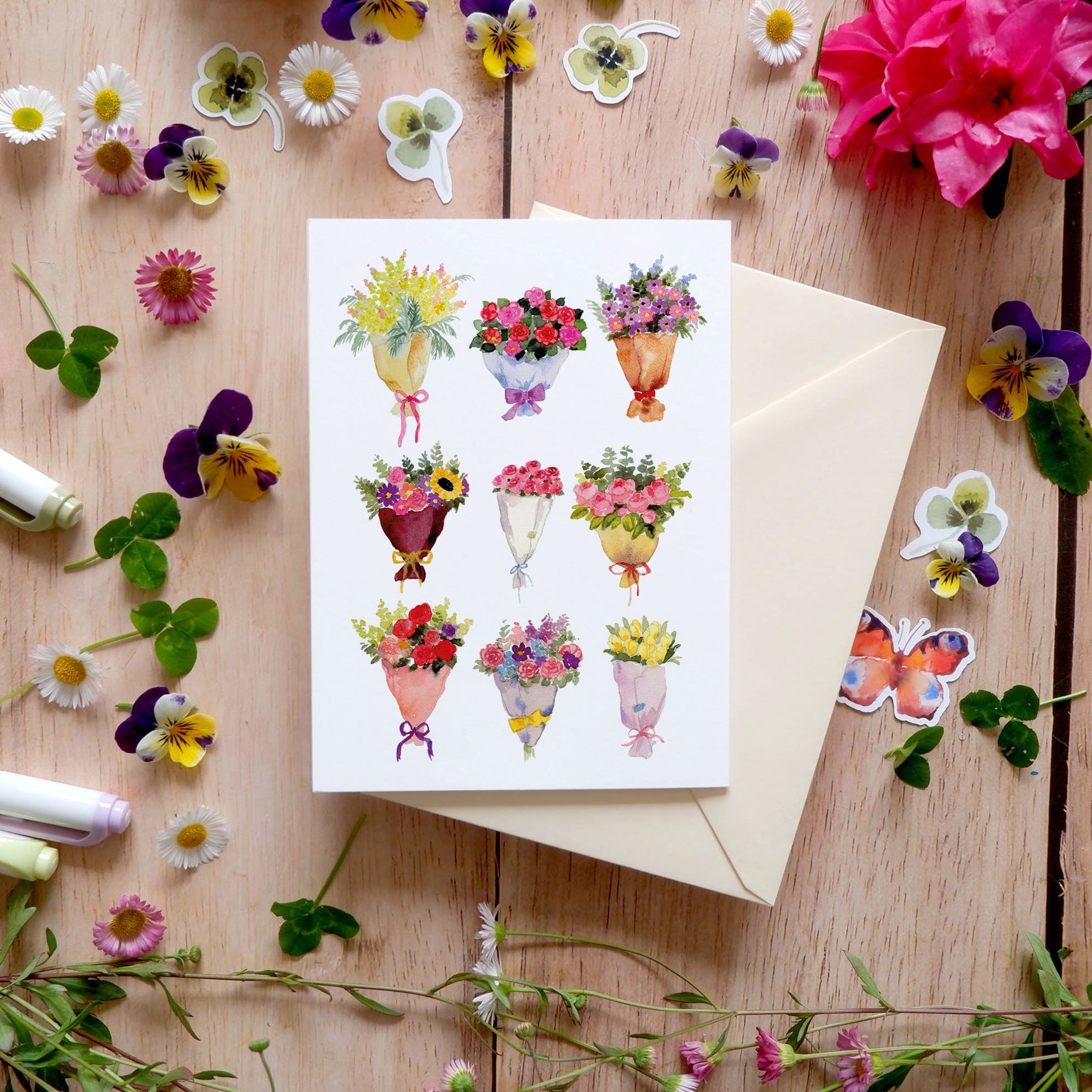 Carte double "Bouquets" + enveloppe jaune pale