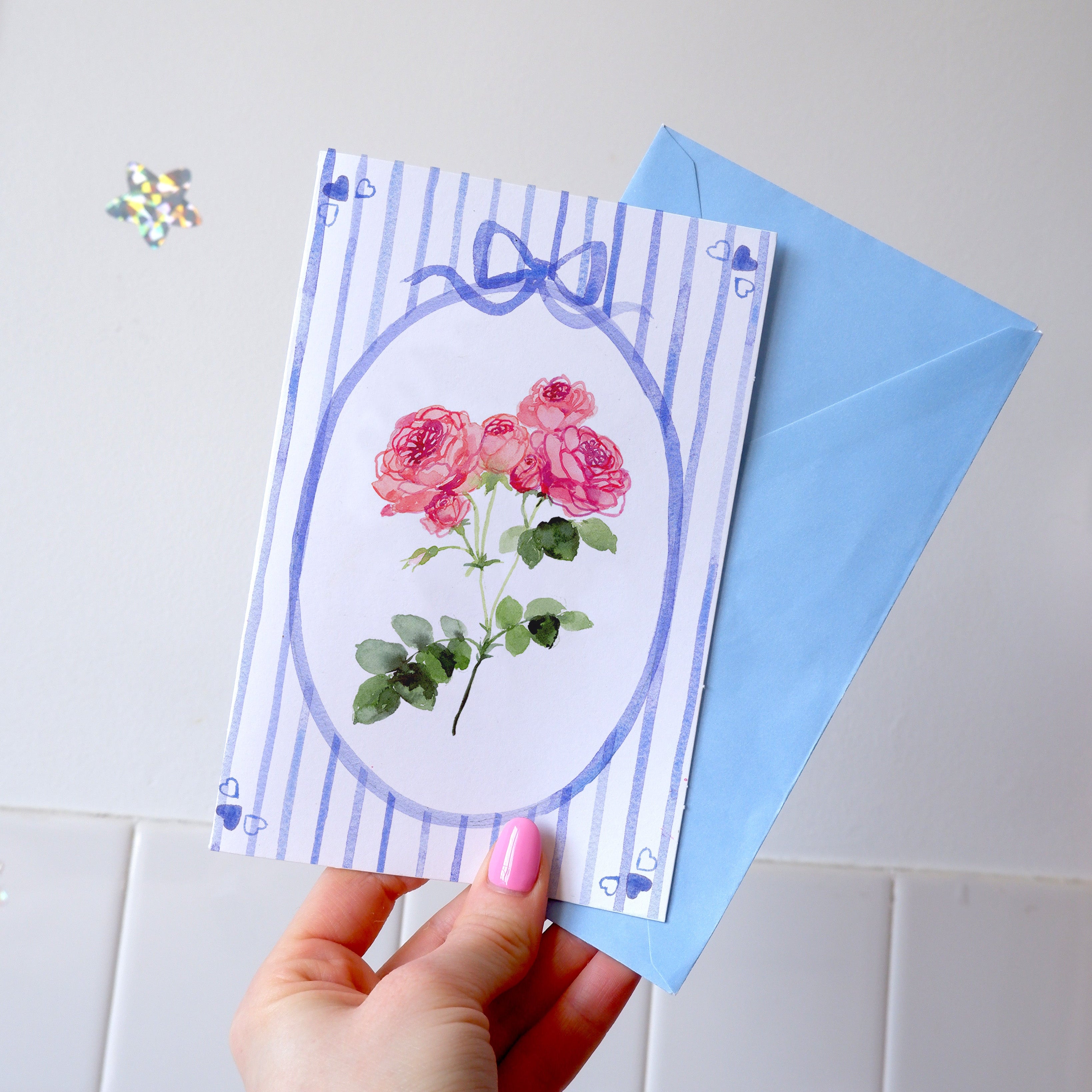 Carte double "Roses anglaises" + enveloppe bleue
