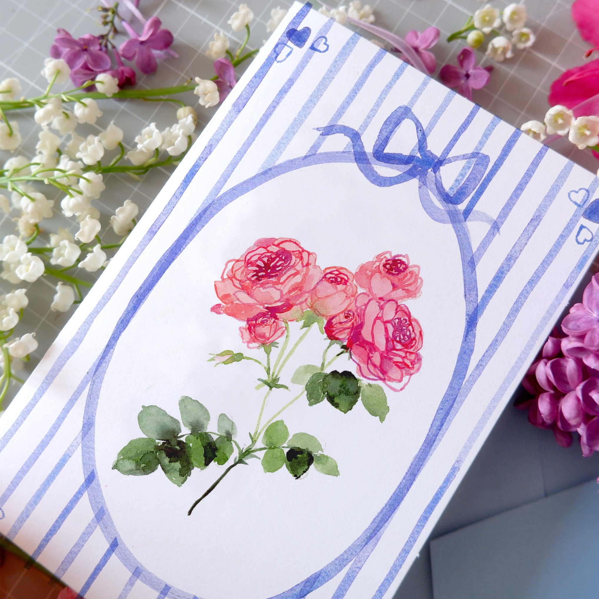 Carte double "Roses anglaises" + enveloppe bleue