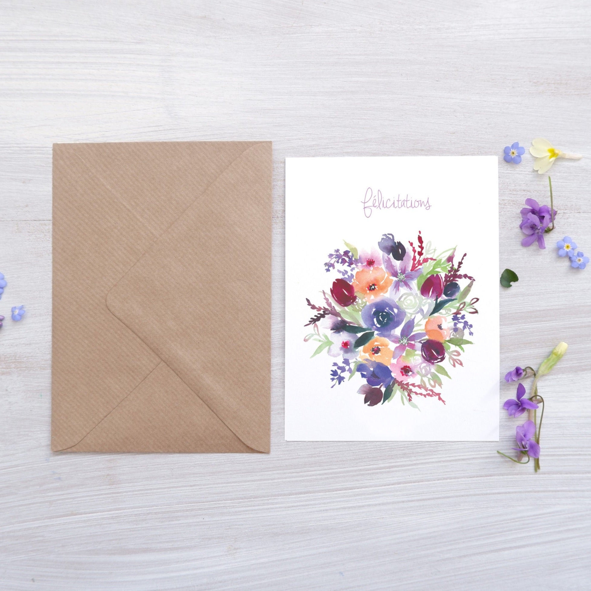 CARTE (+enveloppe kraft) - bouquet coloré "Félicitations"