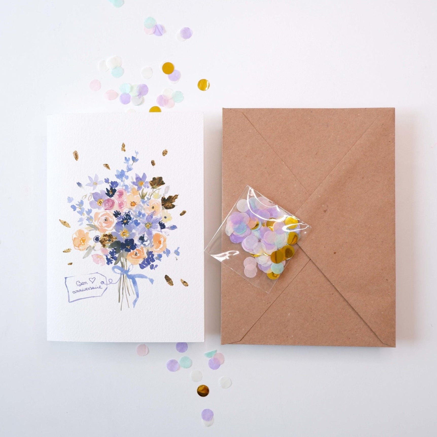 CARTE DORÉE BON ANNIVERSAIRE ✨- enveloppe kraft + confettis