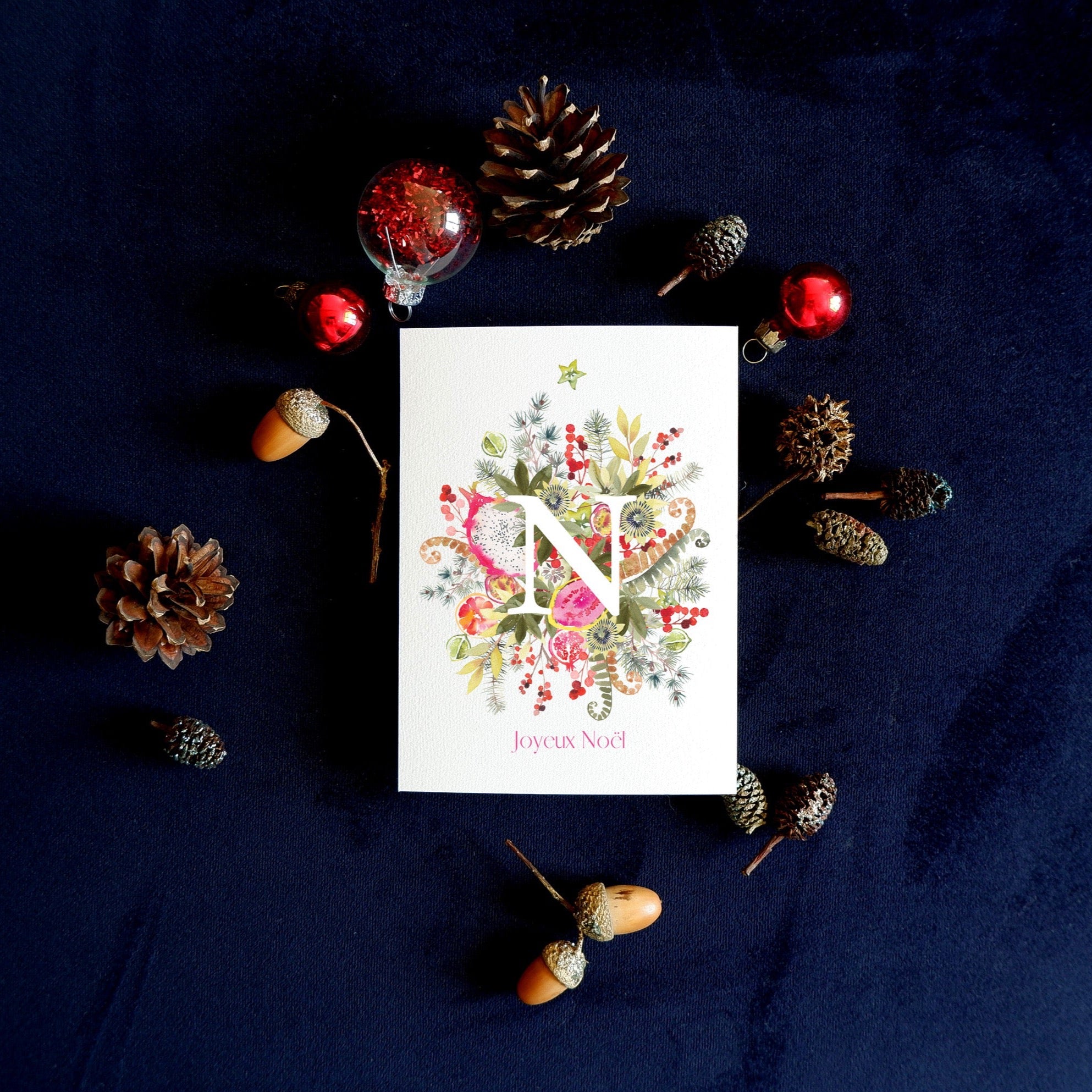 Carte de voeux Noël Monogramme décoré (+enveloppe Kraft )