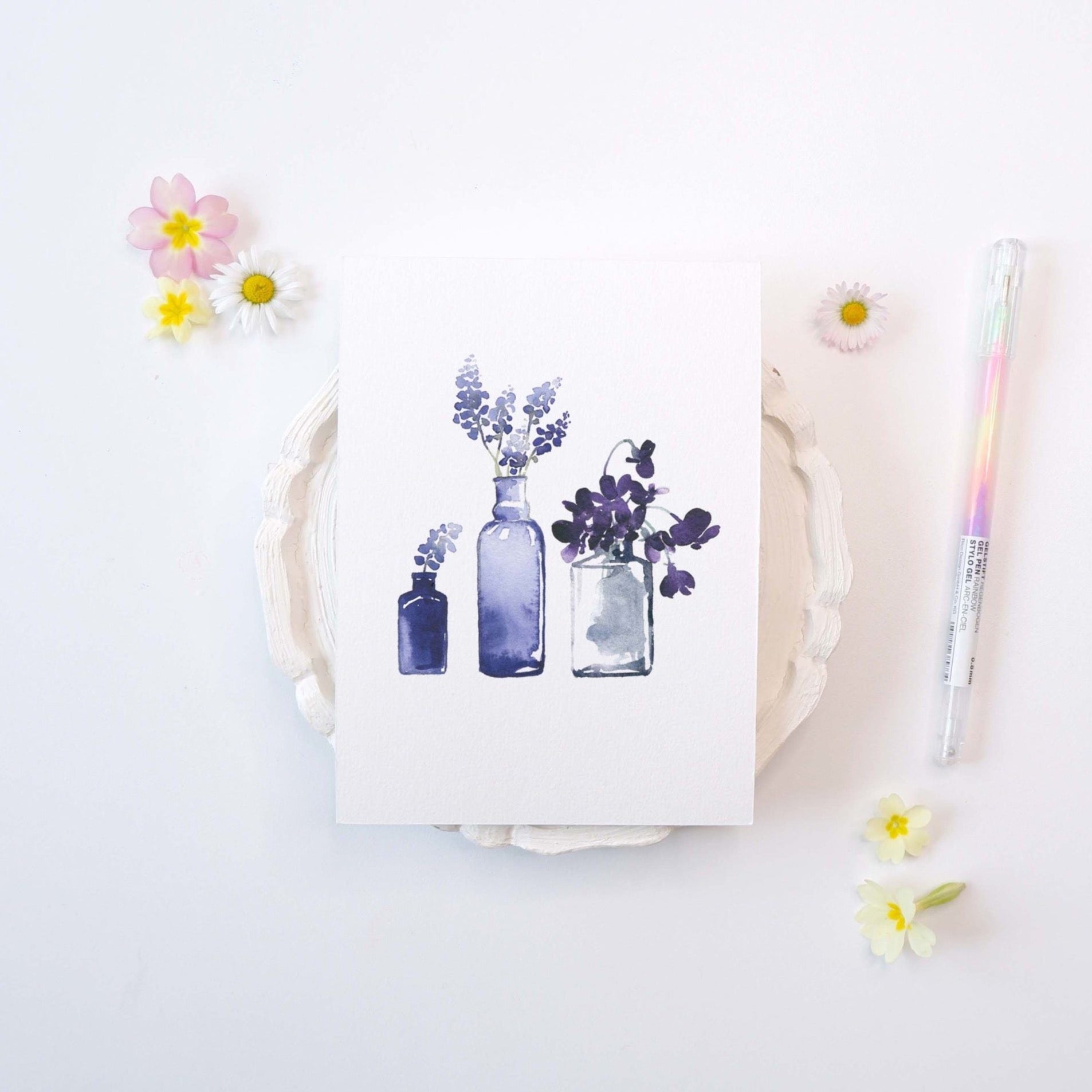 CARTE (+enveloppe blanche) - Petits vases Bleus